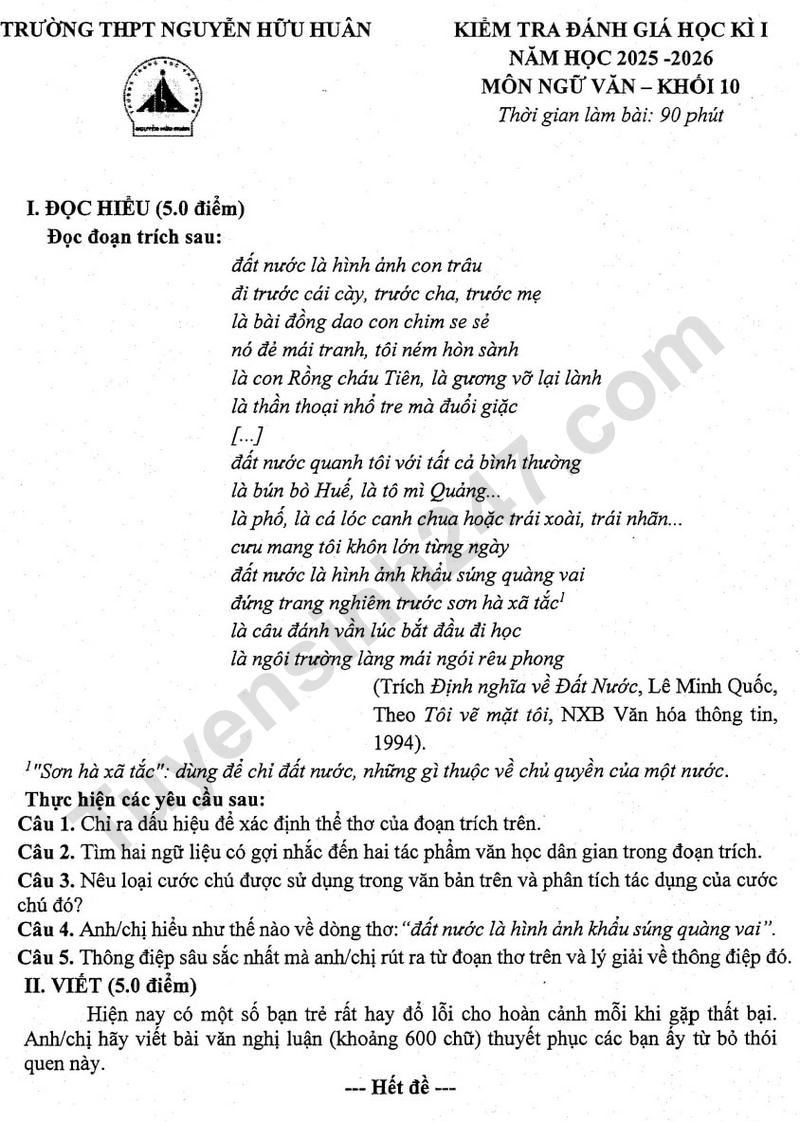 De thi HK1 mon Van lop 10 nam 2025 - THPT Nguyen Huu Huan