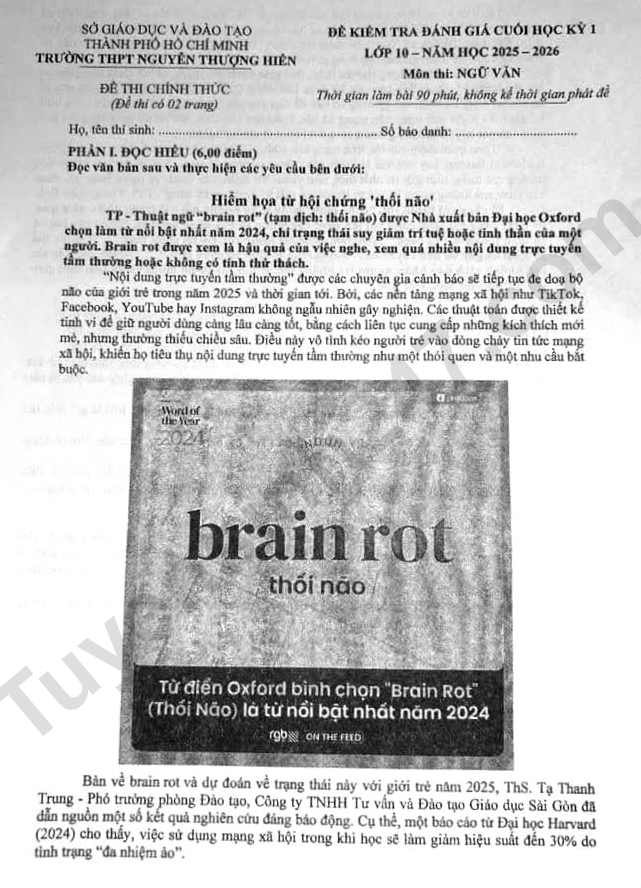 De thi ki 1 lop 10 mon Van 2025 - THPT Nguyen Thuong Hien