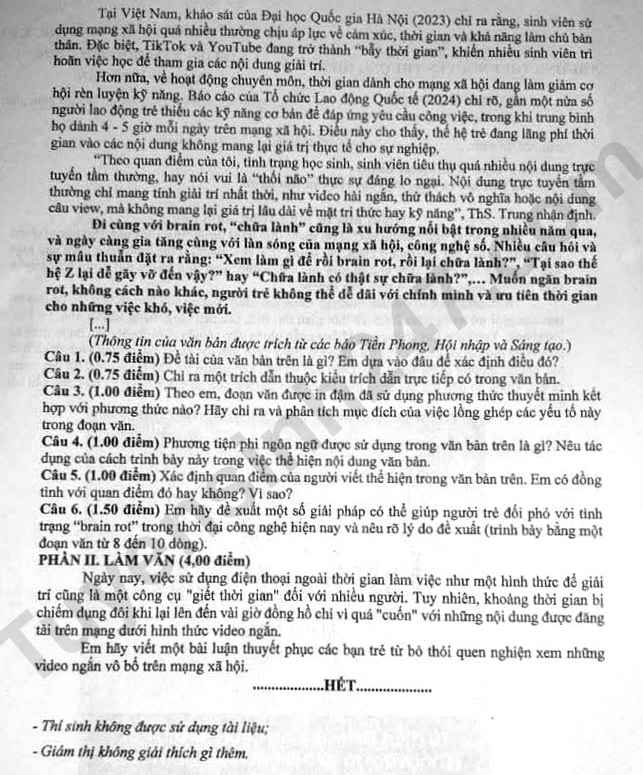 De thi ki 1 lop 10 mon Van 2025 - THPT Nguyen Thuong Hien