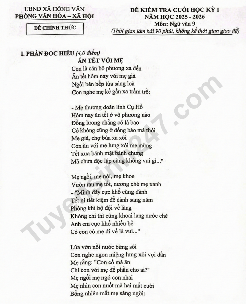 De thi ki 1 lop 9 mon Van 2025 - Hong Van