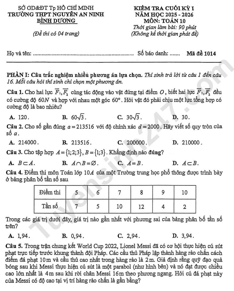 De thi hoc ki 1 lop 10 mon Toan nam 2025 - THPT Nguyen An Ninh