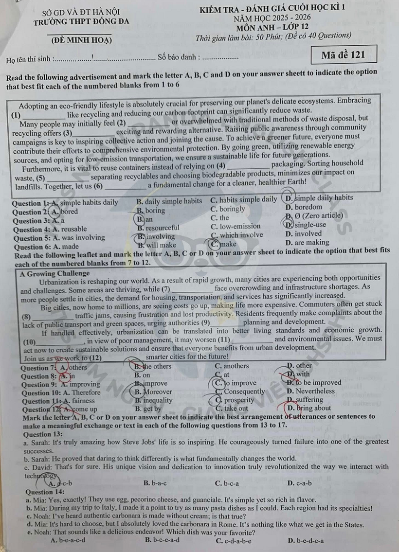 De thi hoc ki 1 lop 12 mon Anh 2025 - THPT Dong Da (Minh hoa)