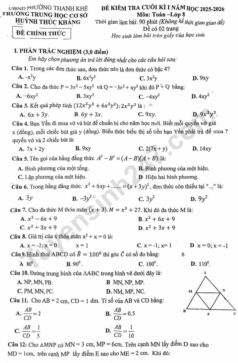 De thi ki 1 lop 8 mon Toan 2025 - THCS Huynh Thuc Khang