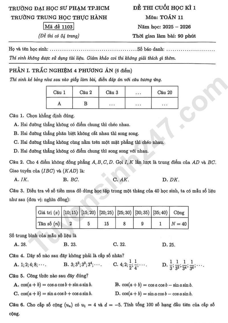De thi HK1 mon Toan lop 11 nam 2025 - Trung hoc thuc hanh DH Su pham TPHCM