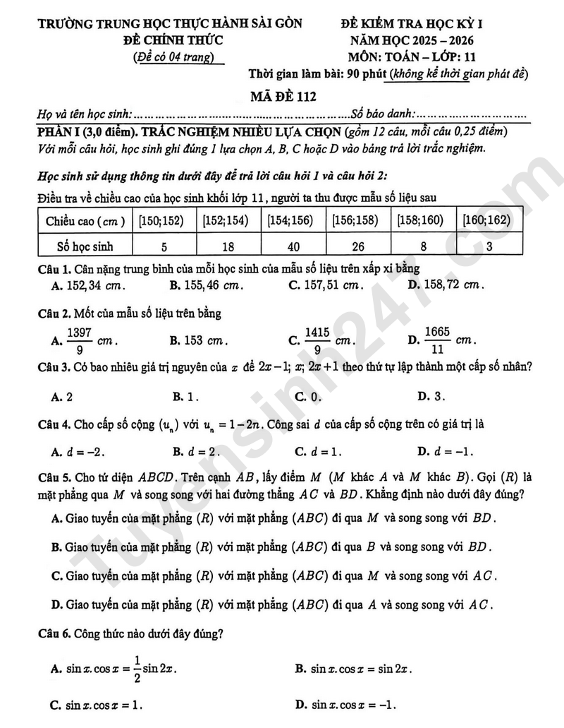 De thi HK1 mon Toan lop 11 nam 2025 - Trung hoc Thuc Hanh Sai Gon