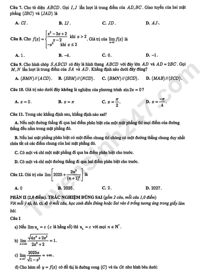 De thi HK1 mon Toan lop 11 nam 2025 - Trung hoc Thuc Hanh Sai Gon