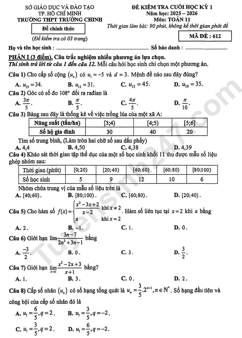 De thi HK1 mon Toan lop 11 nam 2025 - THPT Truong Chinh
