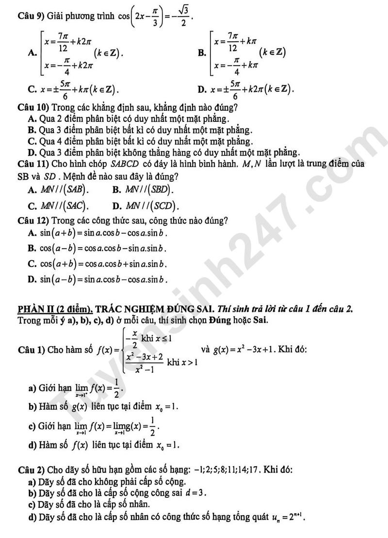 De thi HK1 mon Toan lop 11 nam 2025 - THPT Truong Chinh