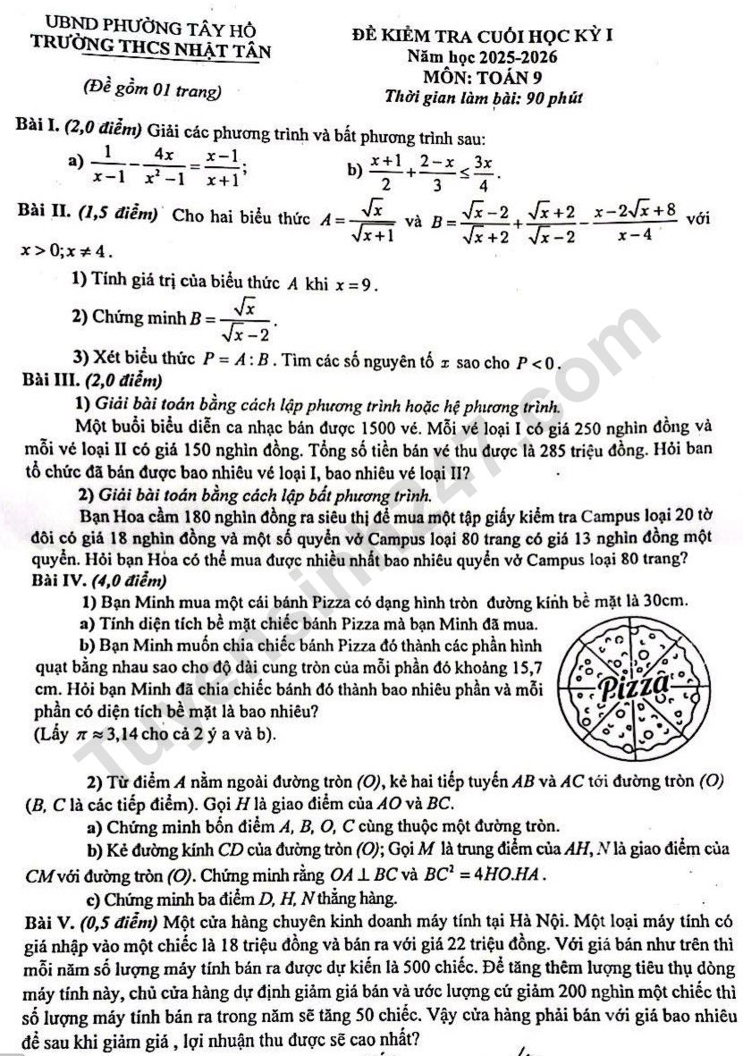 De thi hoc ki 1 lop 9 mon Toan - THCS Nhat Tan 2025