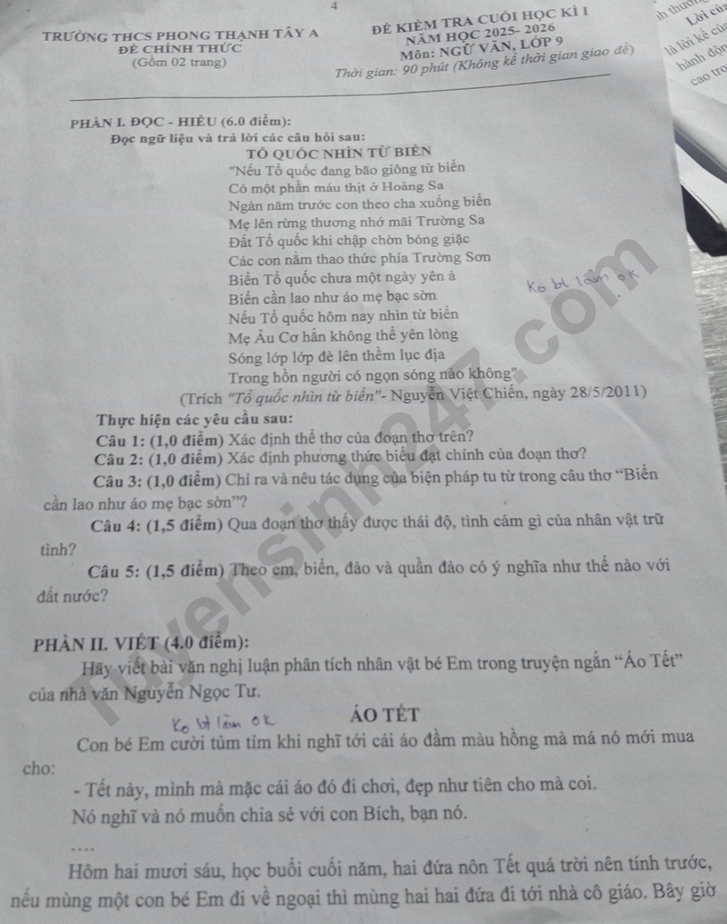 De thi HK1 lop 9 mon Van 2025 - THCS Phong Thanh Tay A