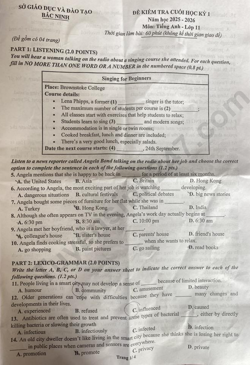 De thi hoc ki 1 mon Anh lop 11 nam 2025 - So GD Bac Ninh