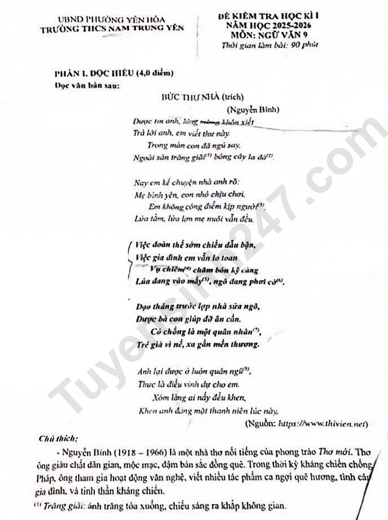 De thi hoc ki 1 mon Van lop 9 nam 2025 - THCS Nam Trung Yen