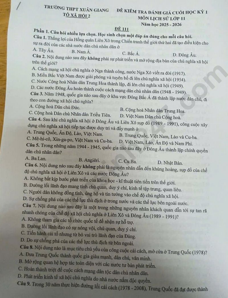 De thi hoc ki 1 mon Su lop 11 nam 2025 - THPT Xuan Giang