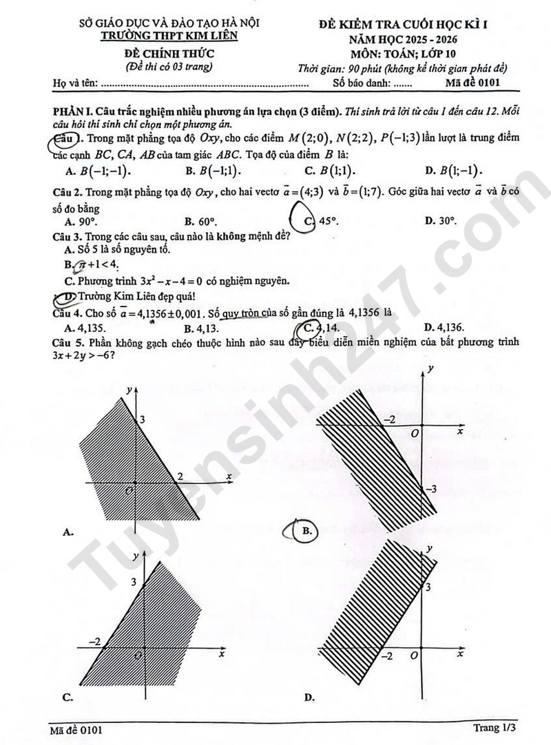 De thi hoc ki 1 mon Toan lop 10 nam 2025 - THPT Kim Lien