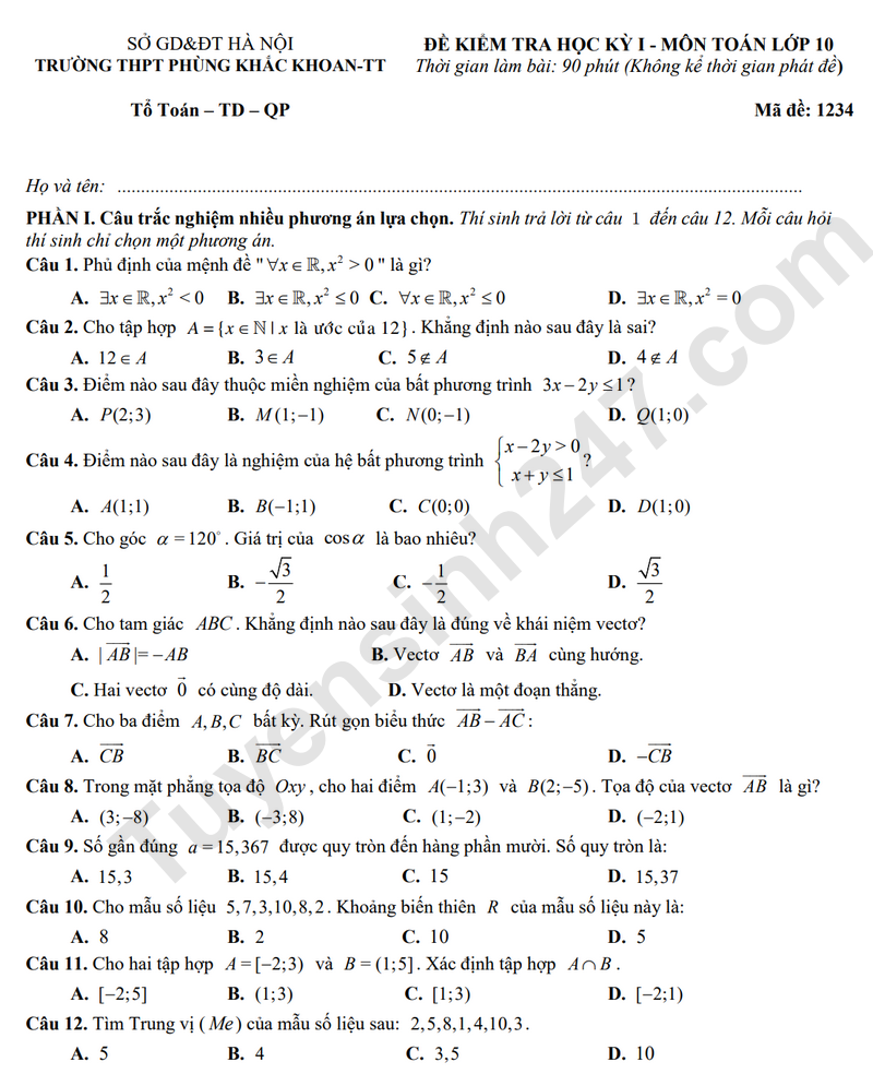 De thi hoc ki 1 lop 10 mon Toan nam 2025 - THPT Phung Khac Hoan
