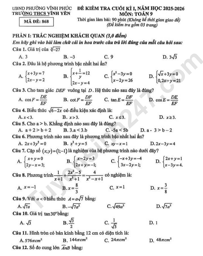 De thi hoc ki 1 mon Toan lop 9 nam 2025 - THCS Vinh Yen