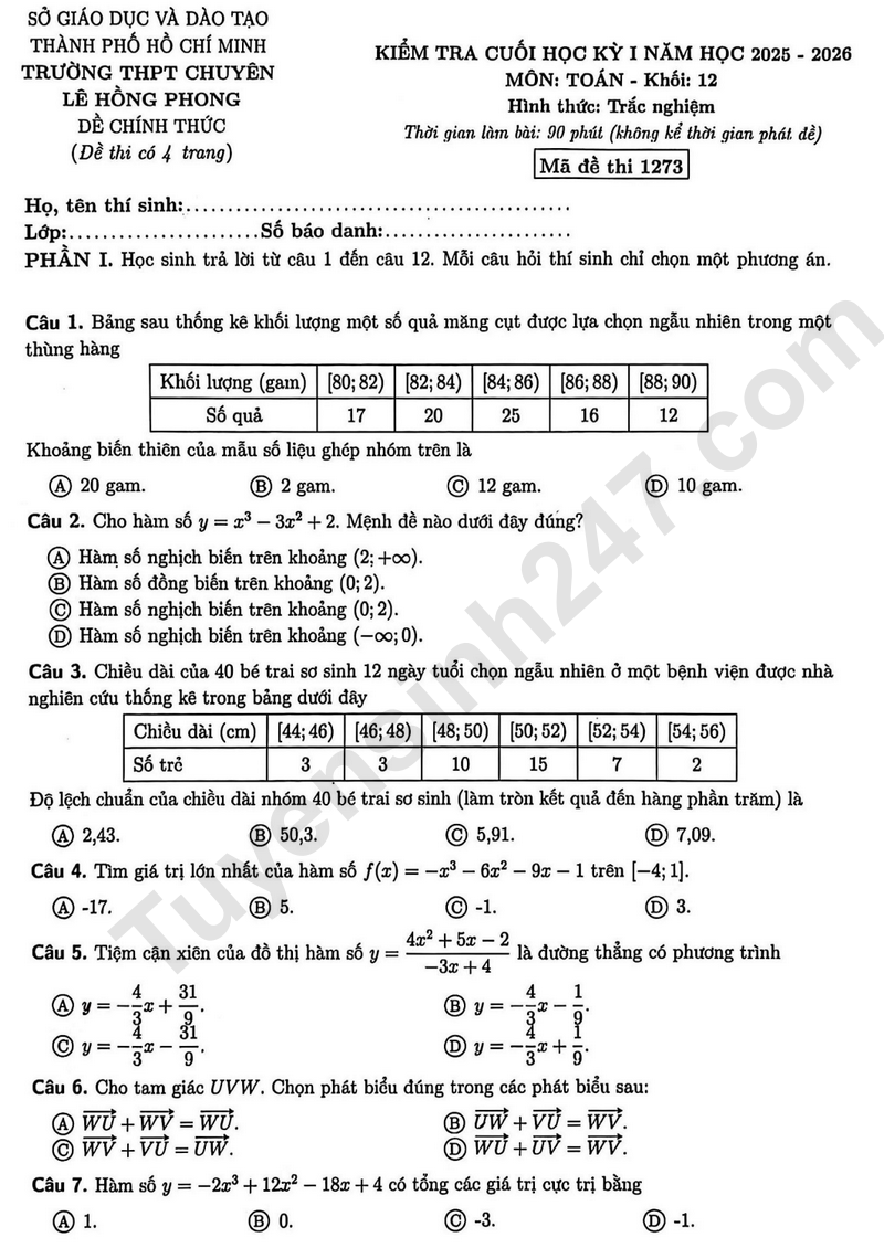 De thi hoc ki 1 mon Toan lop 12 nam 2025 - THPT Chuyen Le Hong Phong