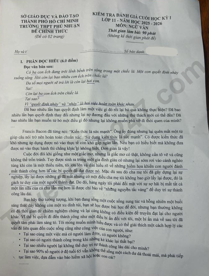 De thi hoc ki 1 lop 11 mon Van 2025 - THPT Phu Nhuan