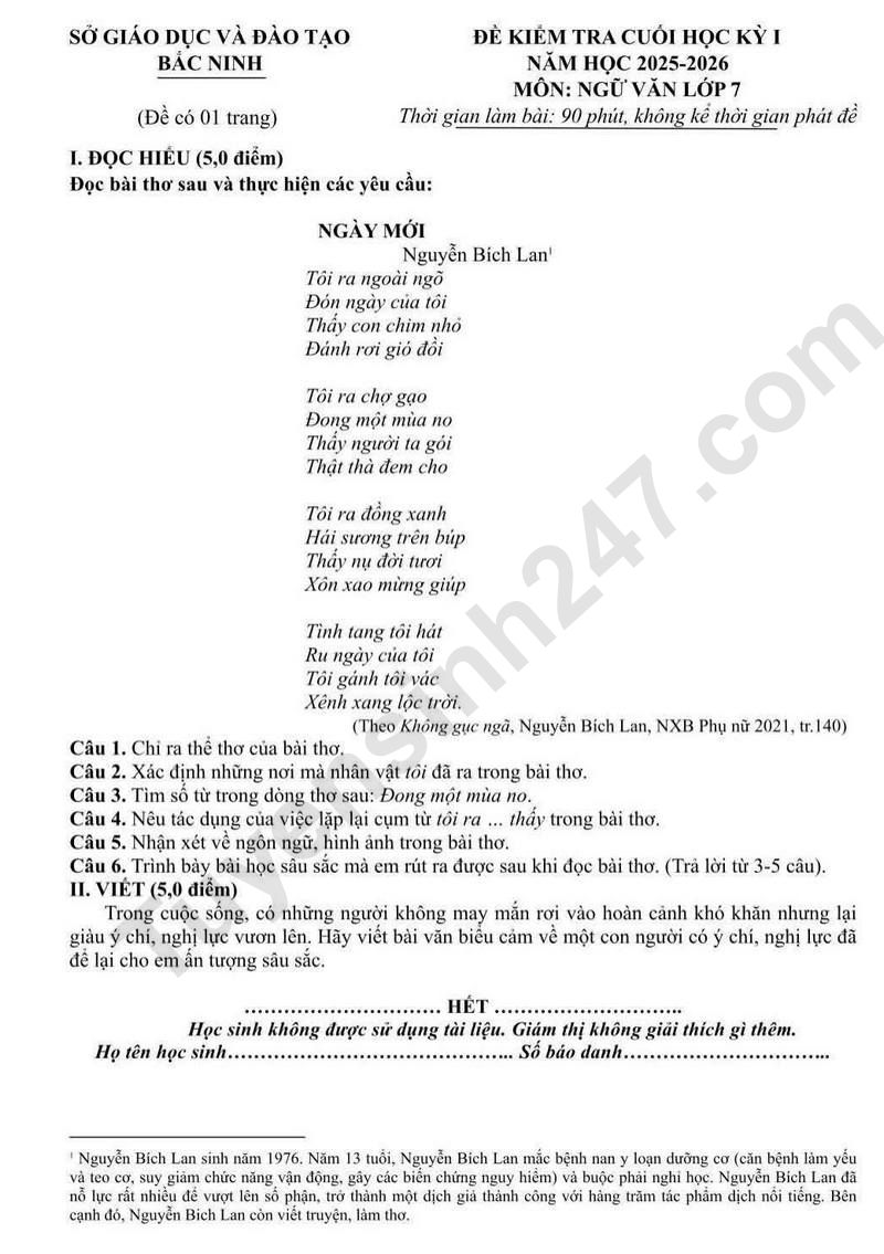 De thi hoc ki 1 mon Van lop 7 nam 2025 - So GD Bac Ninh