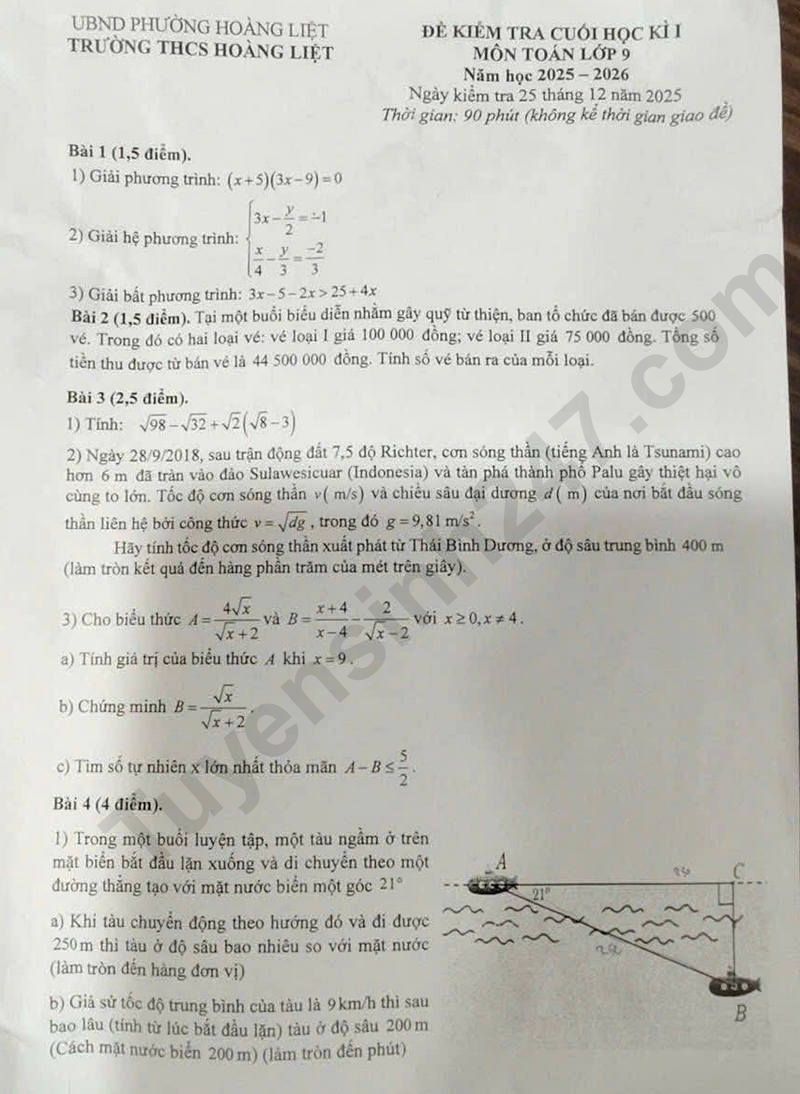 De thi hoc ki 1 lop 9 mon Toan nam 2025 - THCS Hoang Liet
