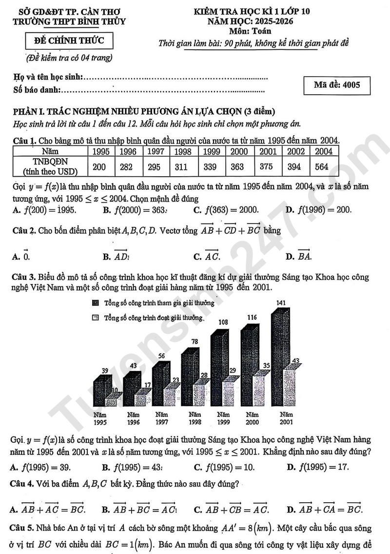 De thi hoc ki 1 lop 10 mon Toan nam 2025 - THPT Binh Thuy