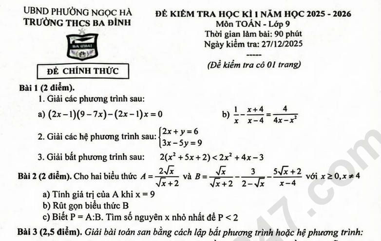 De thi ki 1 lop 9 mon Toan 2025 -THCS Ba Dinh