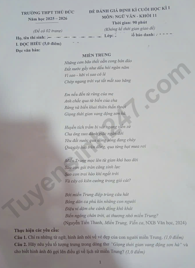 De thi ki 1 mon Van lop 11 - THPT Thu Duc 2025