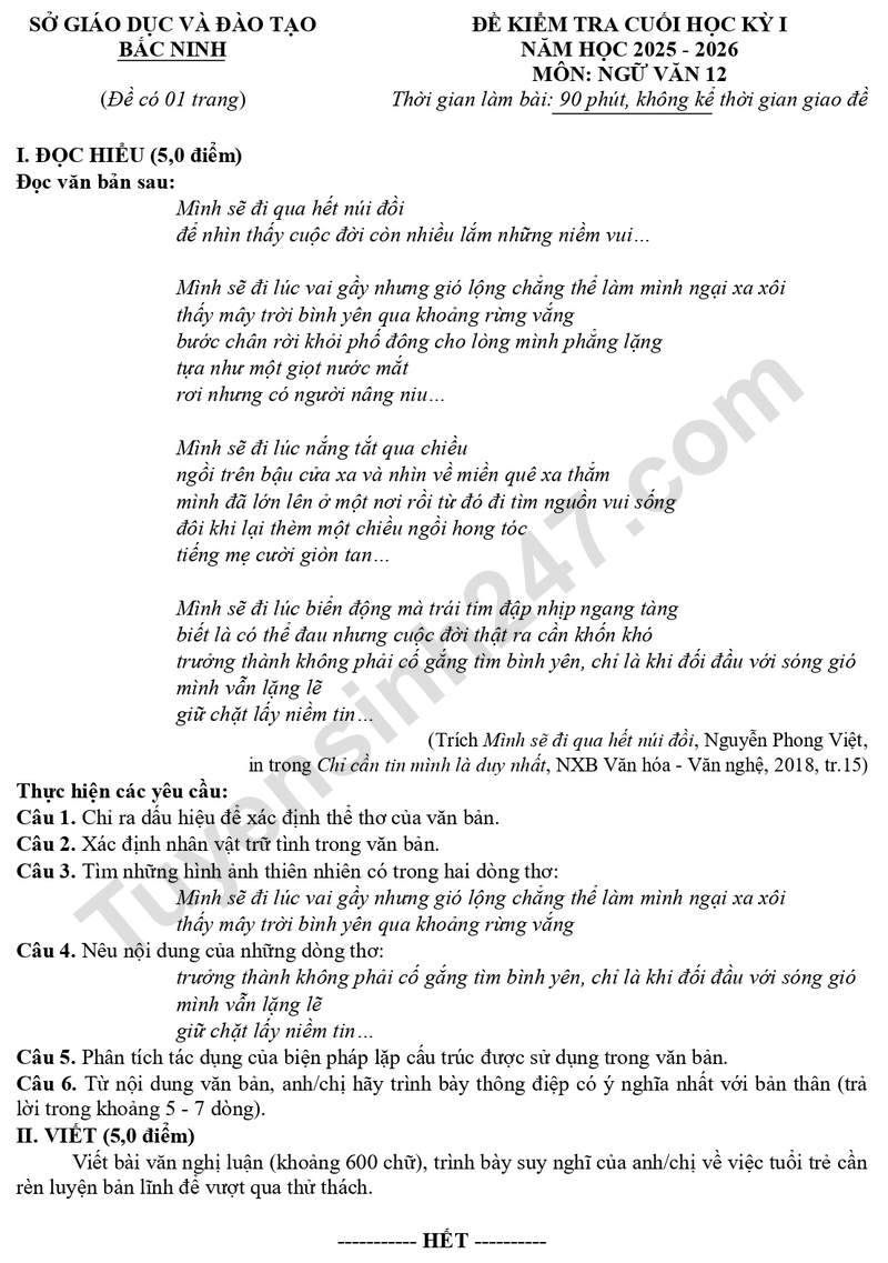 De thi ki 1 lop 12 mon Van 2025 - So GD Bac Ninh (Co dap an)