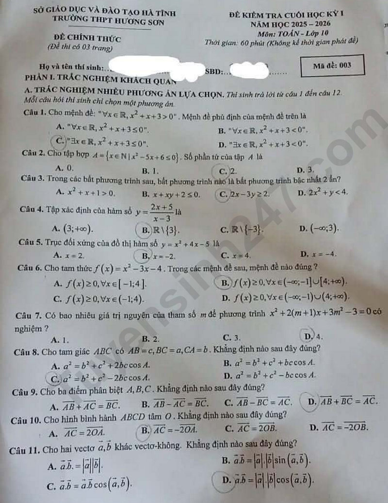 De thi ki 1 mon Toan lop 10 nam 2025 - THPT Huong Son