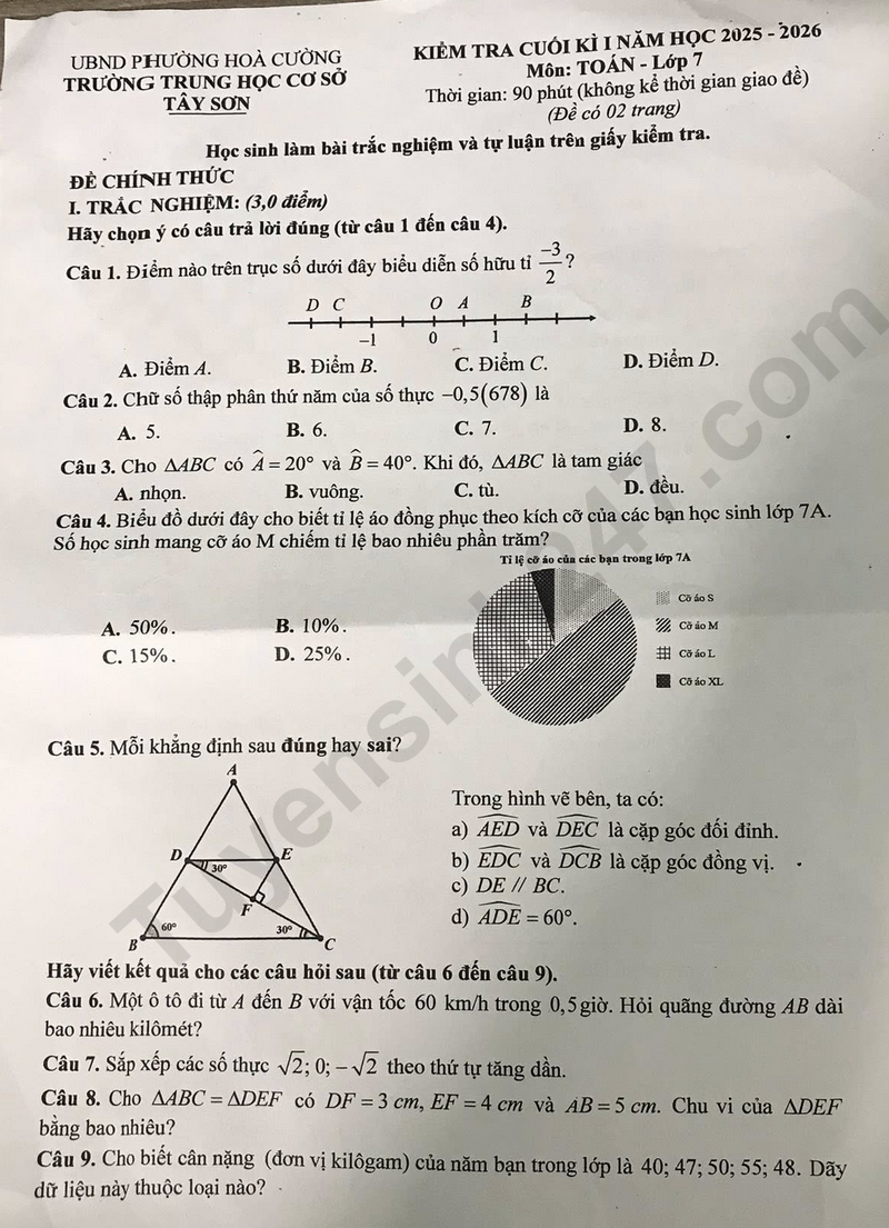 De thi ki 1 lop 7 mon Toan 2025 - THCS Tay Son