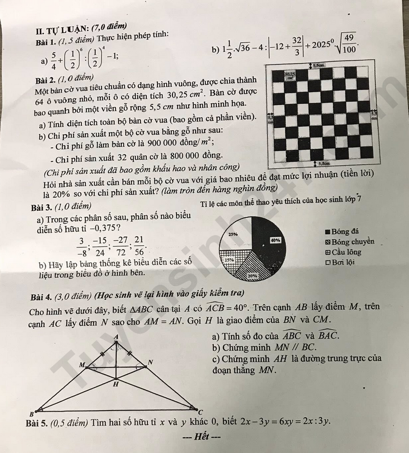 De thi ki 1 lop 7 mon Toan 2025 - THCS Tay Son