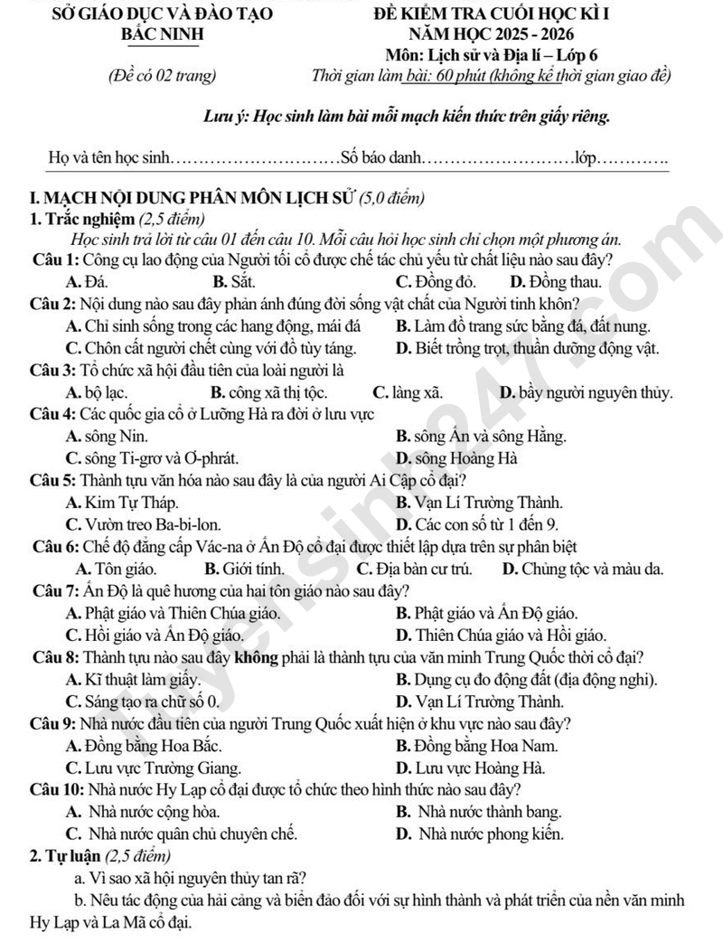 De thi HK1 lop 6 mon Lich su va Dia ly 2025 - So GD Bac Ninh (Co dap an)