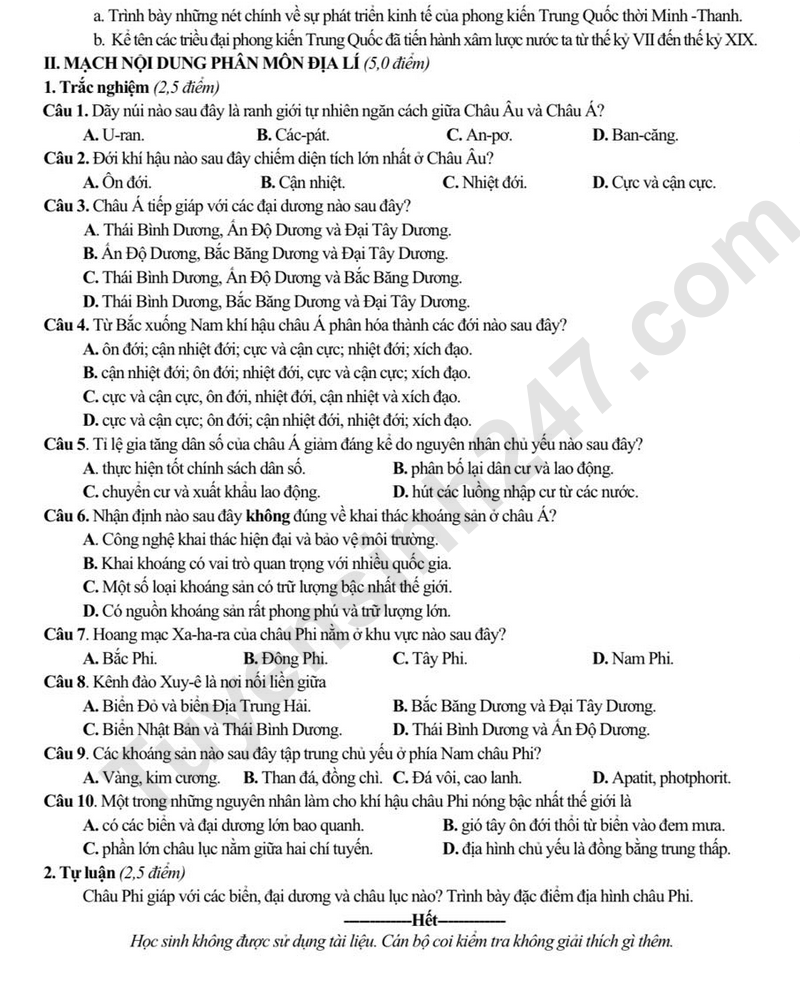 De thi HK1 lop 7 mon Lich su va Dia ly 2025 - So GD Bac Ninh (Co dap an)