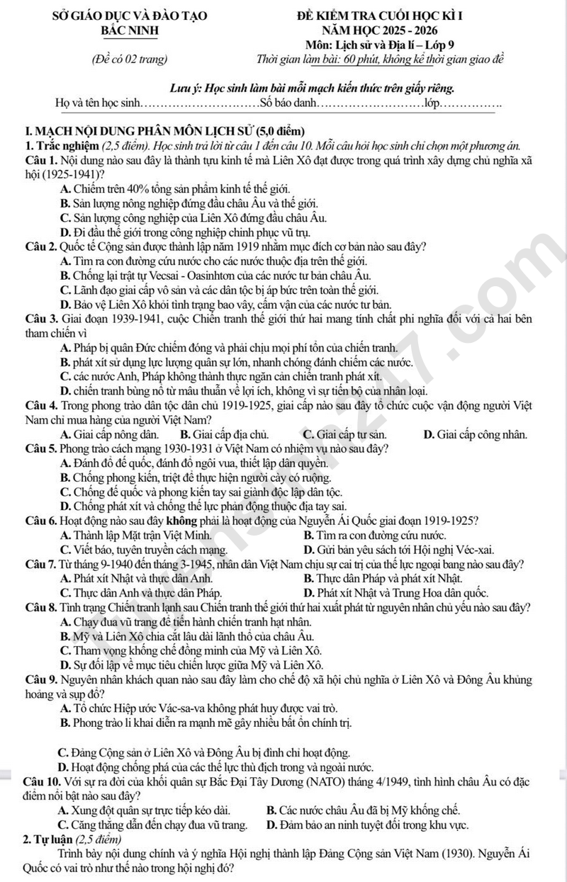 De thi HK1 lop 9 mon Lich su va Dia ly 2025 - So GD Bac Ninh (Co dap an)