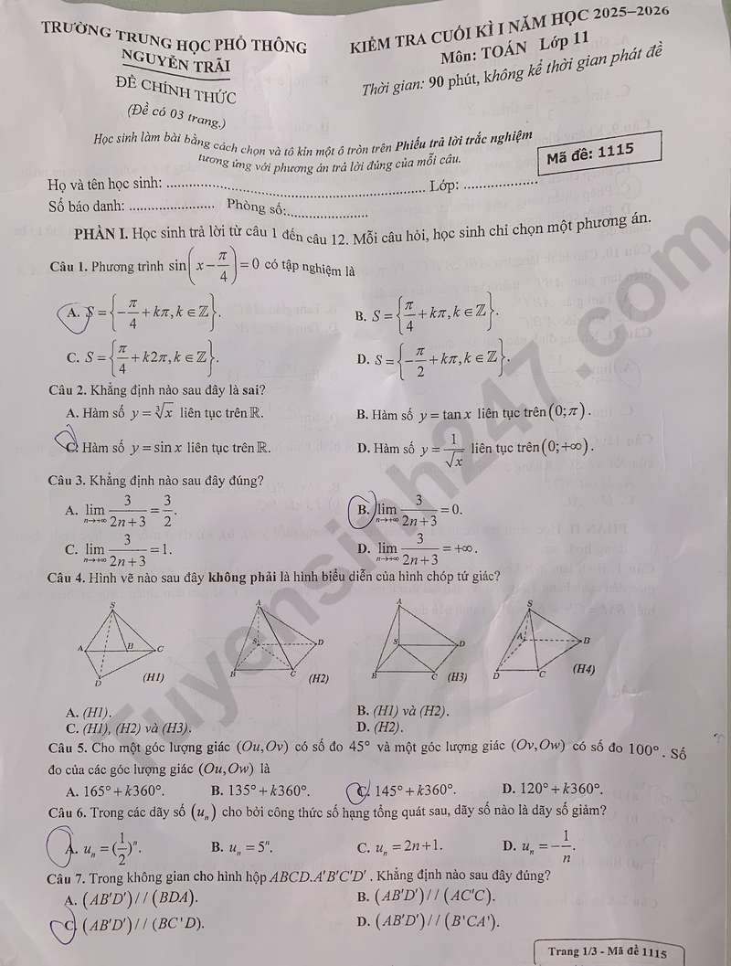 De thi ki 1 mon Toan lop 11 nam 2025 - THPT Nguyen Trai
