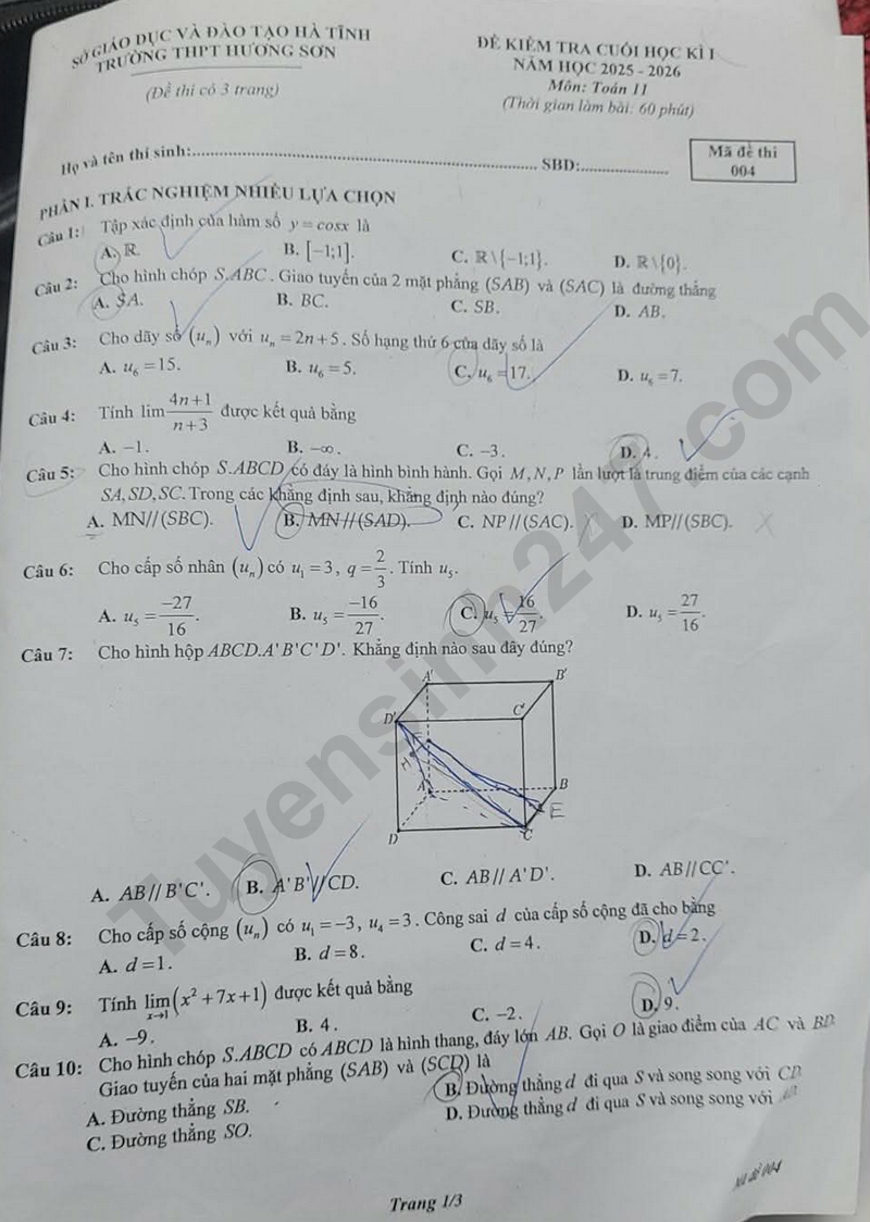 De thi ki 1 mon Toan lop 11 nam 2025 - THPT Huong Son