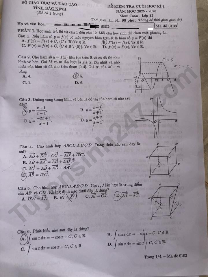 De thi ki 1 lop 12 mon Toan 2025 - So GD Bac Ninh