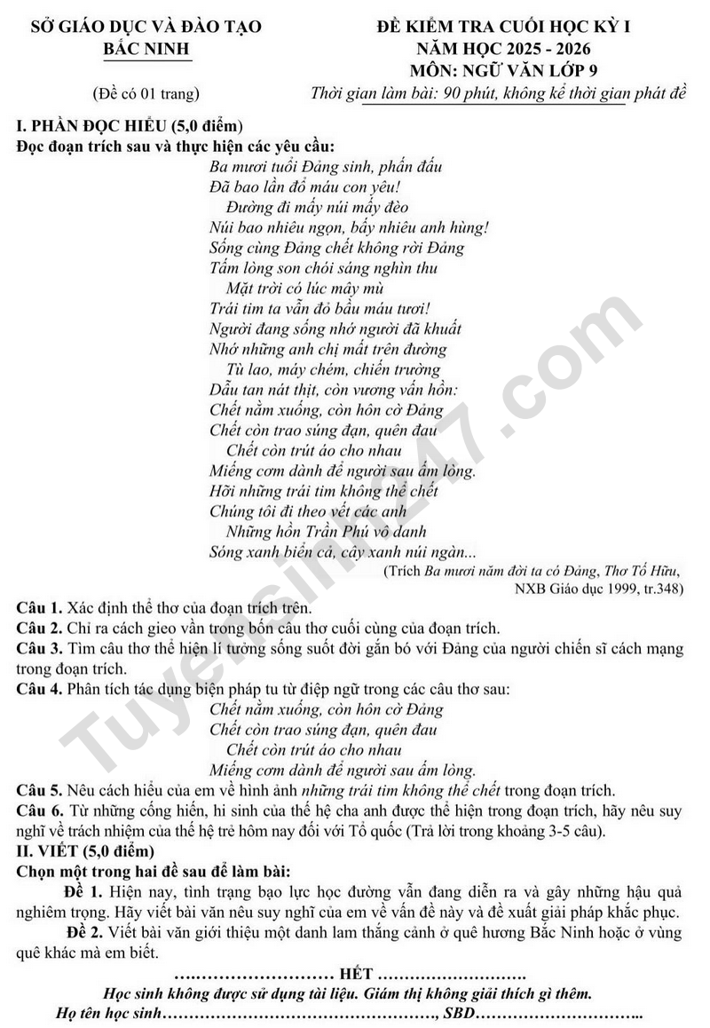 De thi cuoi ki 1 lop 9 mon Van 2025 - So GD Bac Ninh (Co dap an)