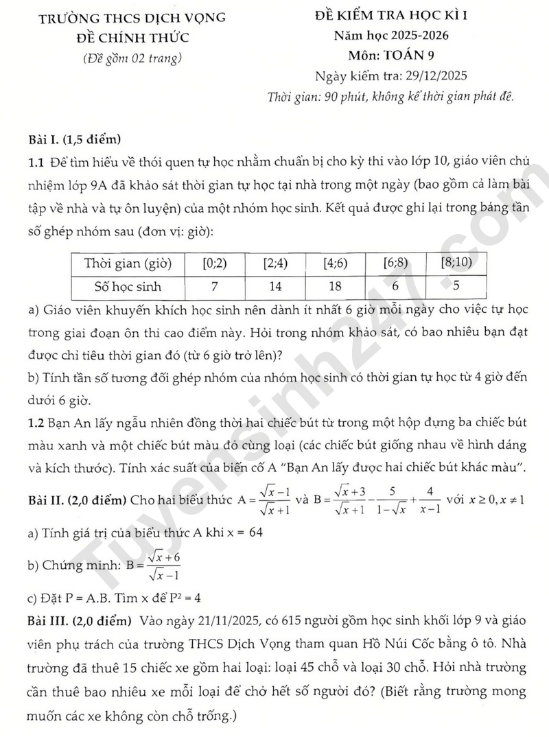 De thi ki 1 mon Toan lop 9 nam 2025 - THCS Dich Vong