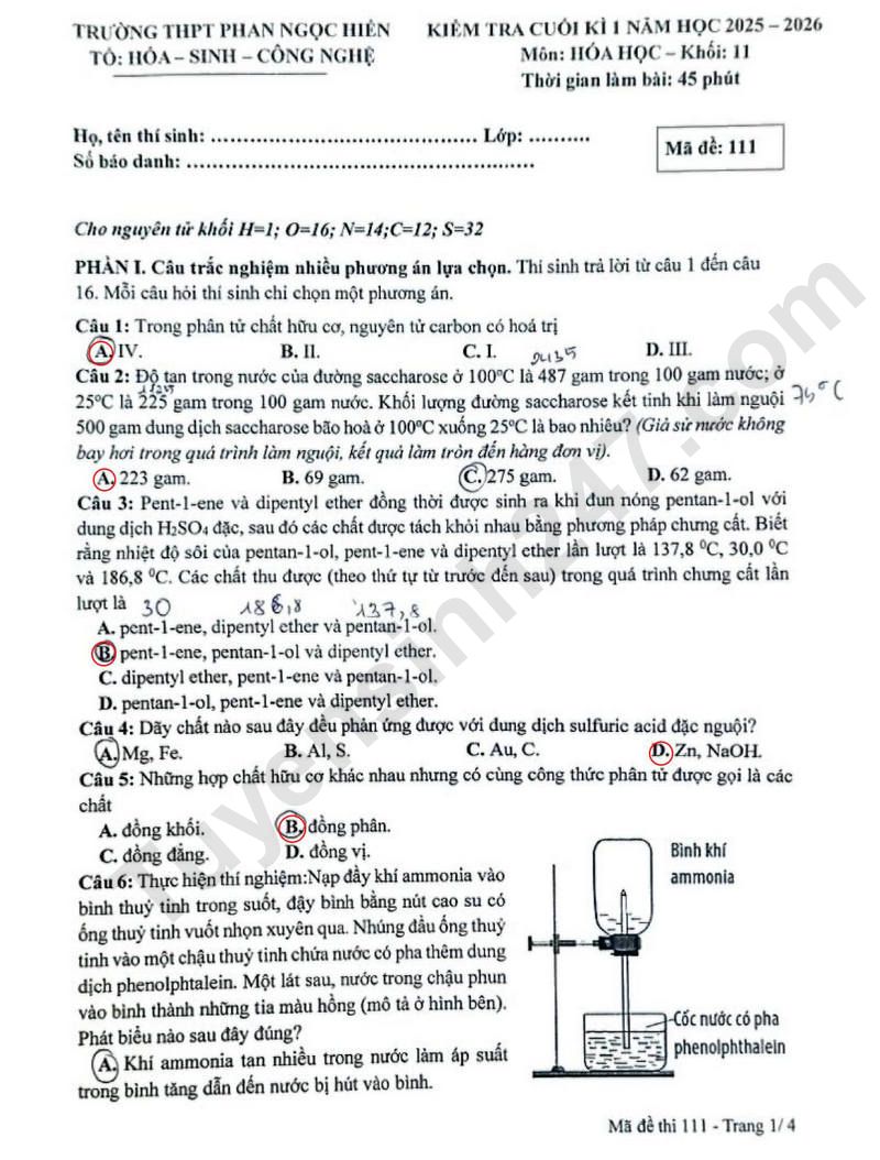 De thi ki 1 mon Hoa lop 11 nam 2025 - THPT Phan Ngoc Hien