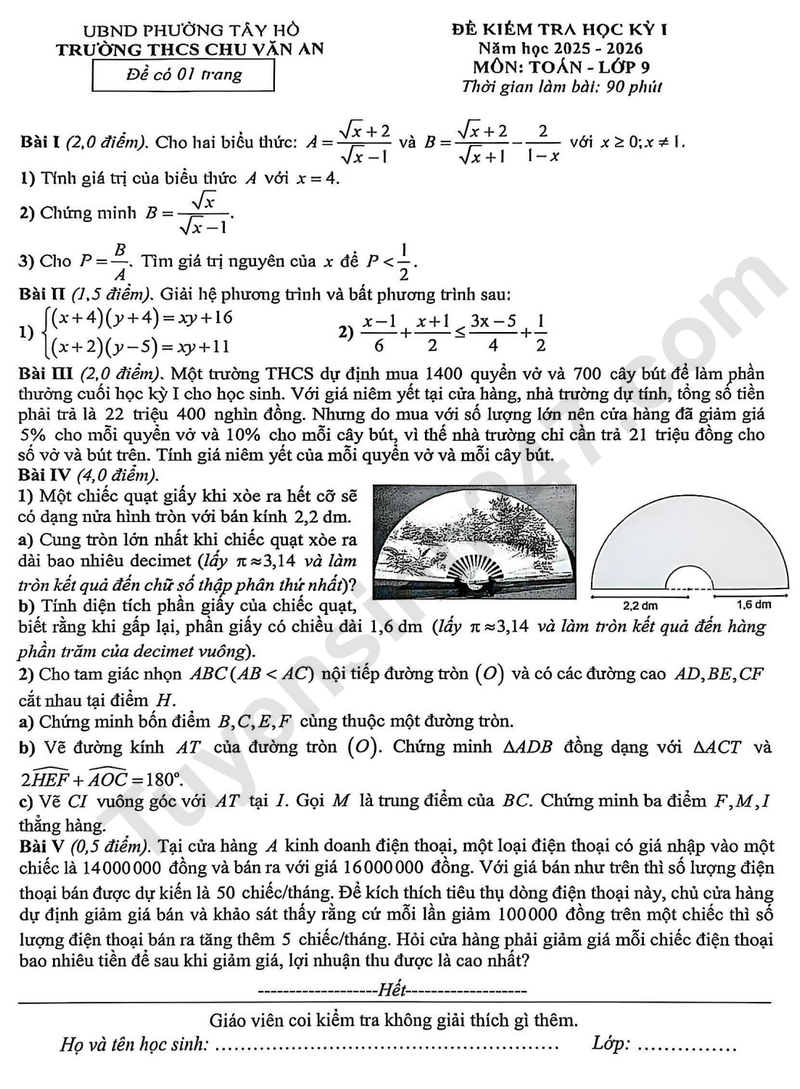 De thi HK1 lop 9 mon Toan 2025 - THCS Chu Van An