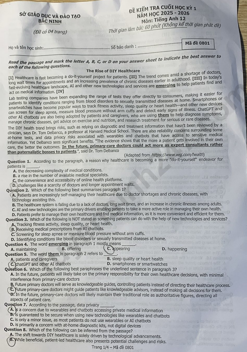 De thi ki 1 mon Anh lop 12 nam 2025 - So GD Bac Ninh