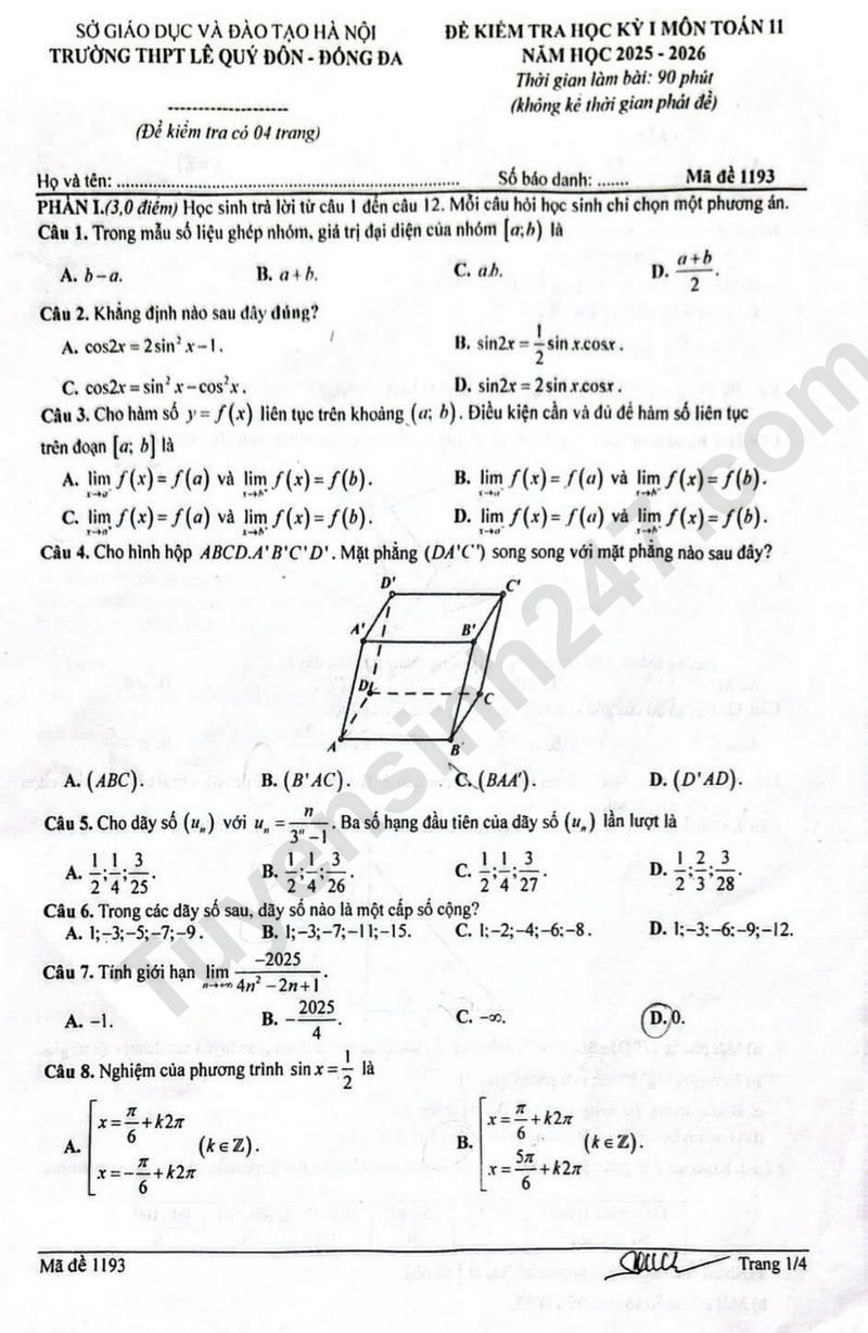 De thi ki 1 mon Toan lop 11 nam 2025 - THPT Le Quy Don