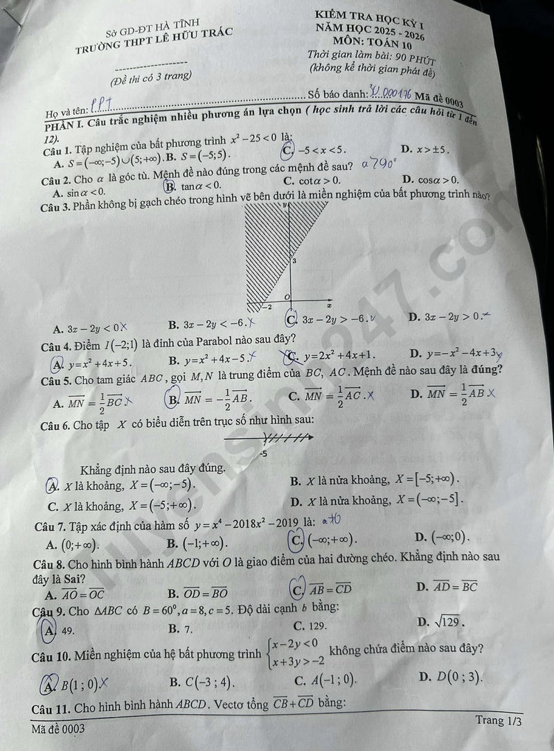 De thi ki 1 mon Toan lop 10 nam 2025 - THPT Le Huu Trac