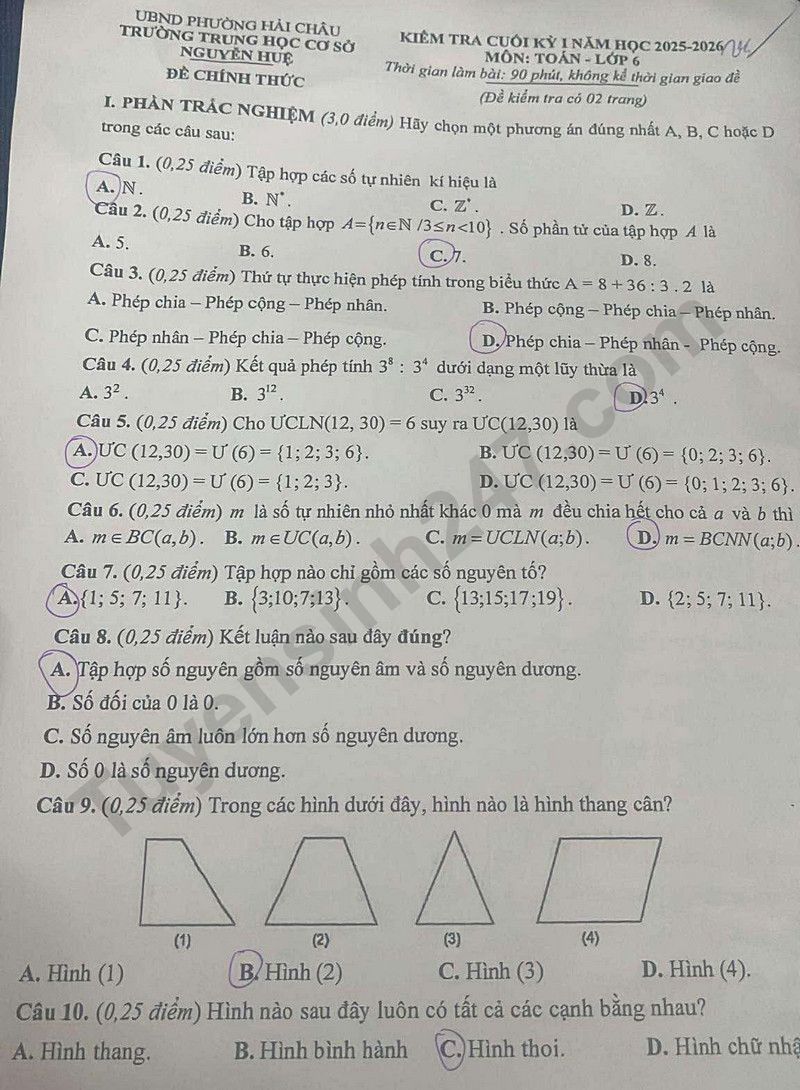 De thi ki 1 lop 6 mon Toan nam 2025 - THCS Nguyen Hue