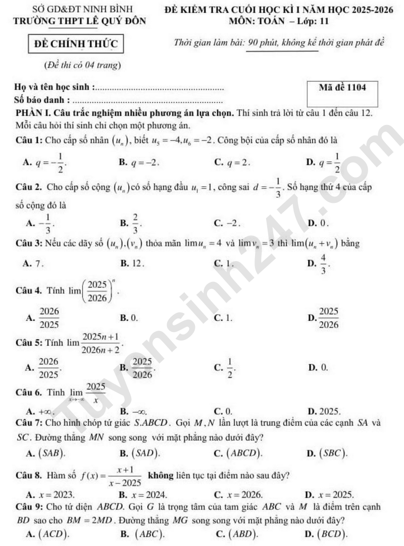 De thi ki 1 mon Toan lop 11 nam 2025 - THPT Le Quy Don (Ninh Binh)