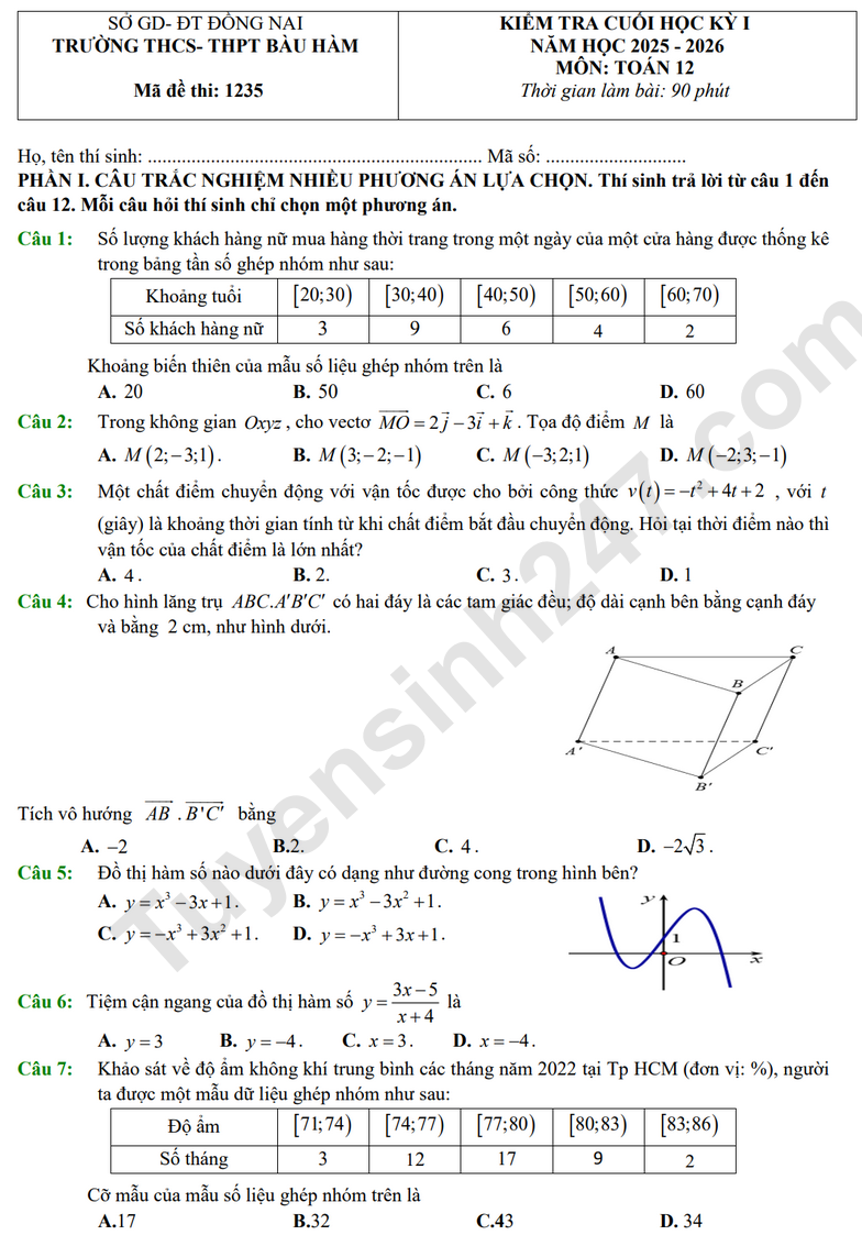 De thi hoc ki 1 mon Toan lop 12 THCS - THPT Bau Ham 2025