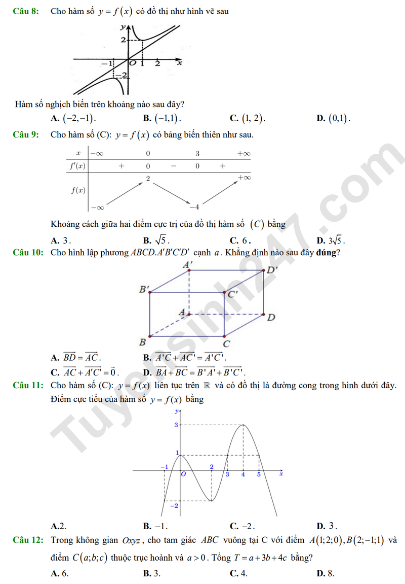 De thi hoc ki 1 mon Toan lop 12 THCS - THPT Bau Ham 2025