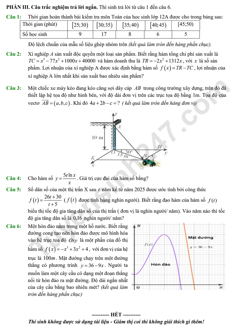 De thi hoc ki 1 mon Toan lop 12 THCS - THPT Bau Ham 2025