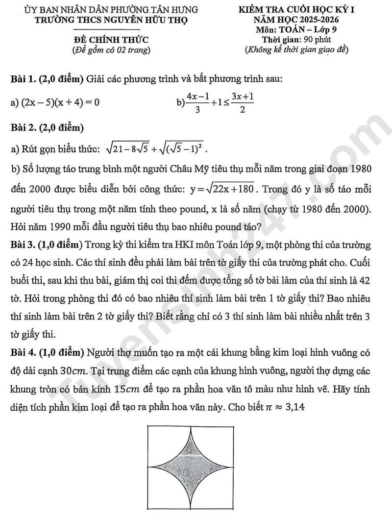 De thi ki 1 lop 9 mon Toan 2025 - THCS Nguyen Huu Tho